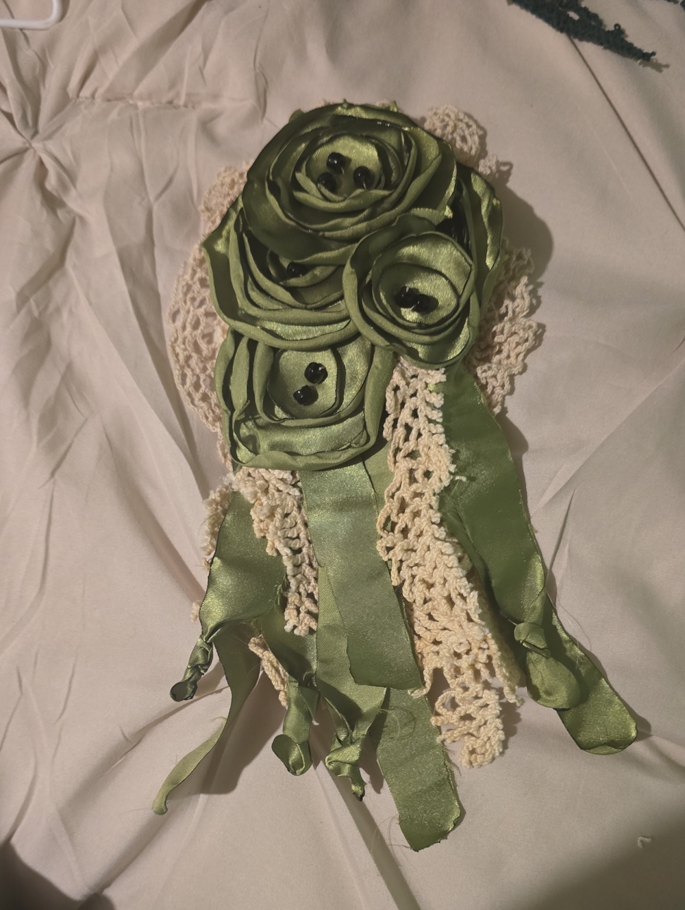 Handcrafted Green Satin Flower Accent with Cream Crochet Trim